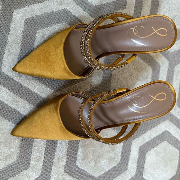 Sam Edelman Agustina Rhinestone Embellished Satin Mules in Golden Yellow 6 - Picture 4 of 11